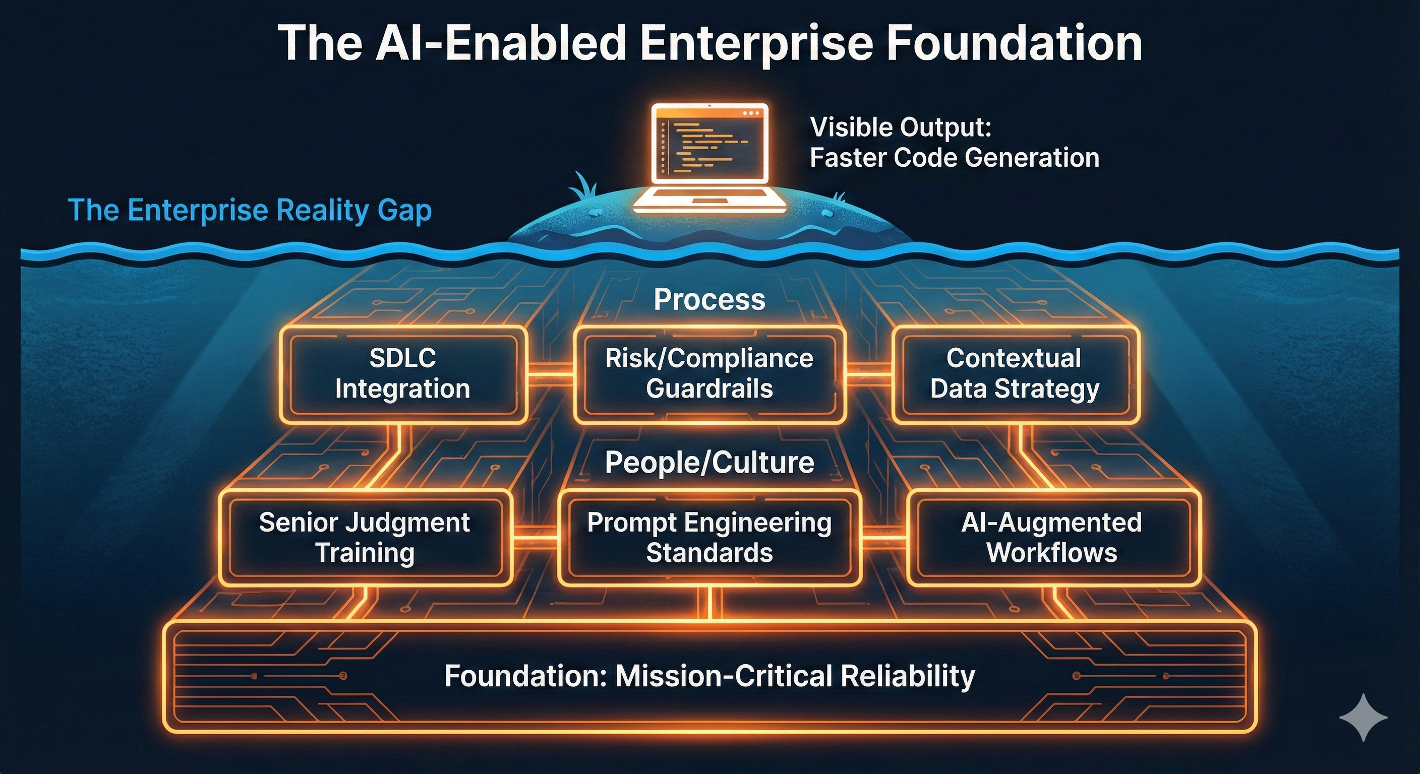 The AI-Enabled Teams Iceberg: AI tools are just the tip, with training, process, and culture as the foundation