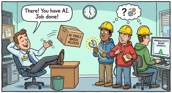 Manager tossing AI tools box at confused engineers with modest productivity results
